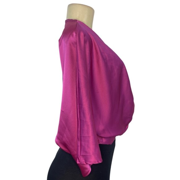 Renee C Women's Satin Fuchsia Knot Front Blouse With 3/4 Sleeves Size S - New - Picture 2 of 6